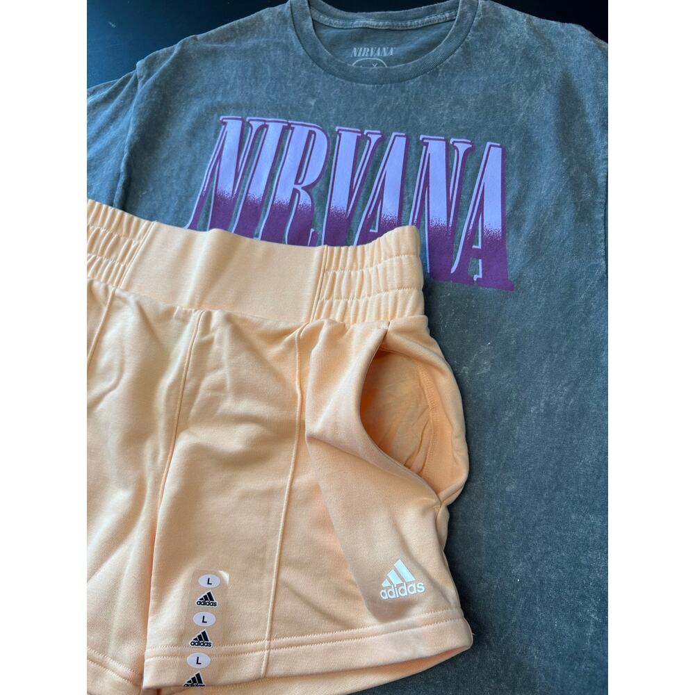 Adidas Women's Athletic Shorts + Nirvana Graphic T-shirt Size Large NEW - Picture 6 of 8